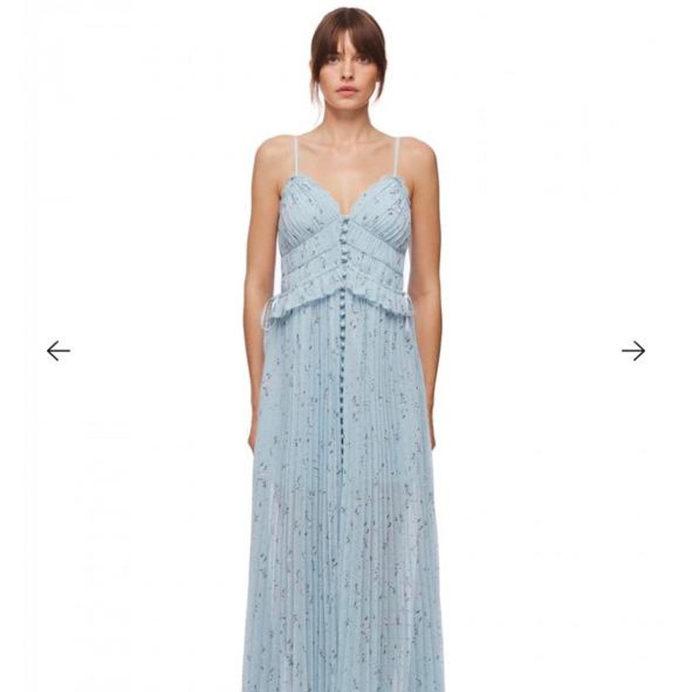 Self-Portrait Blue Floral Pleated Maxi Dress V-Neck Sleeveless
